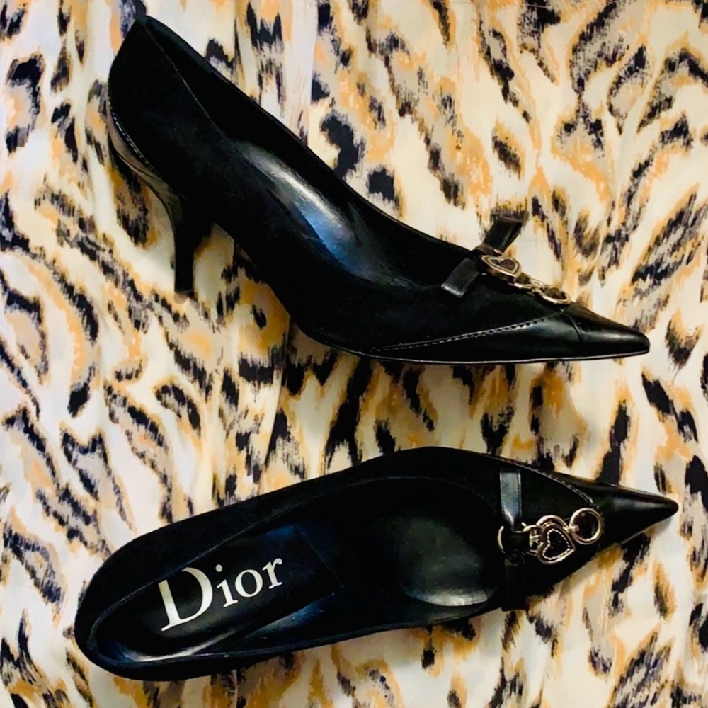 DIOR black suede heels with heart lock
